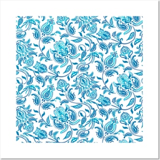 Blue Paisley White Background Posters and Art